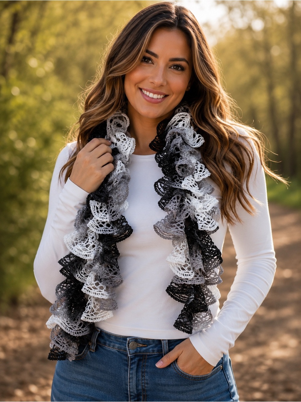 Cascading Open-Knit Ruffle Accent Fashion Scarf